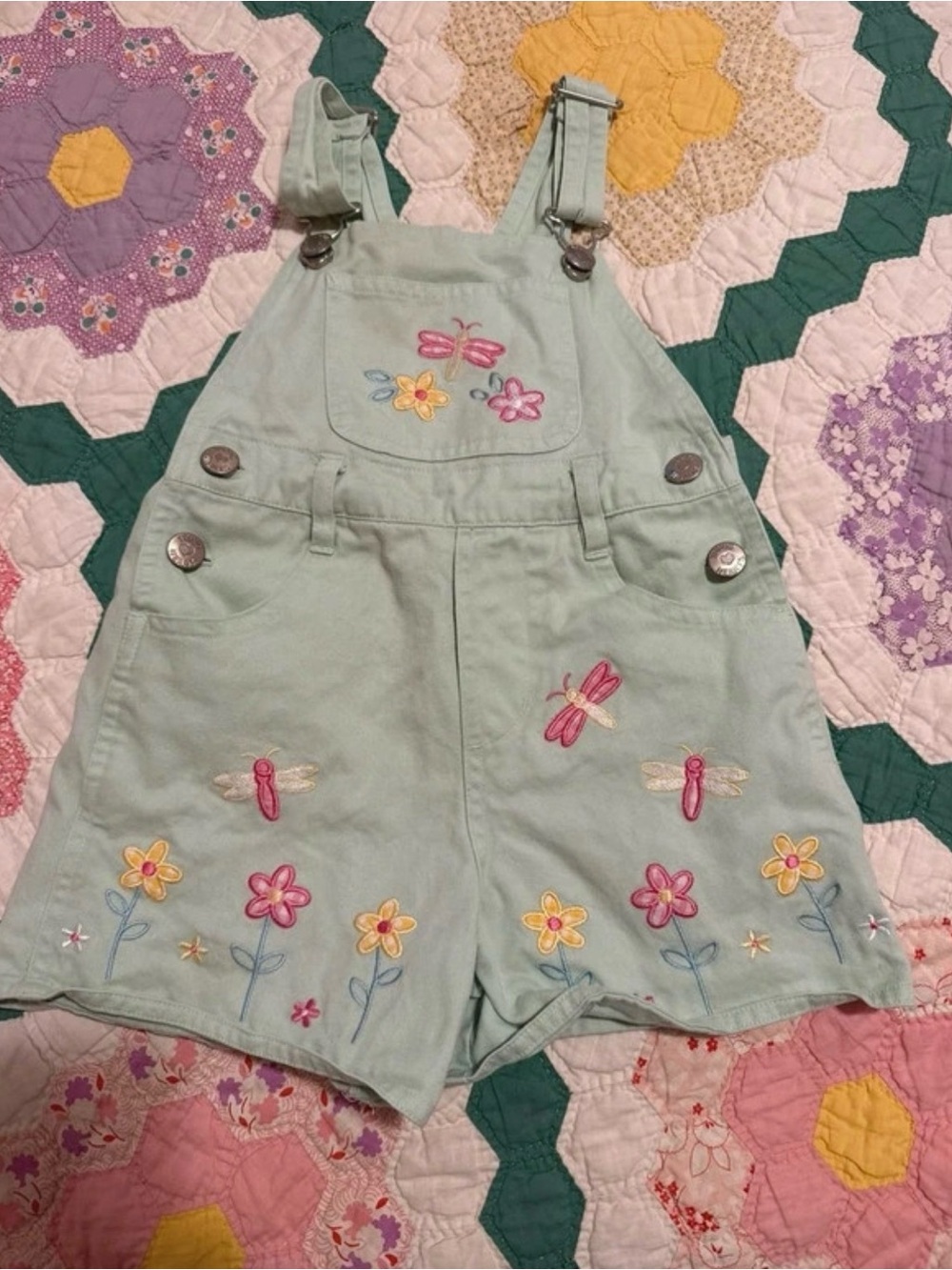 Vintage Young Hearts Pastel Sage Green Embroidered Dragonfly Flower Overalls Sho